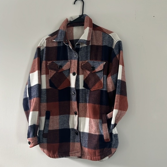 Members Mark Plaid SHACKET With Pockets Sz Small Brown Navy Multicolor - Picture 3 of 13